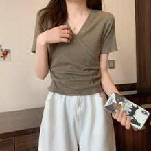 Load image into Gallery viewer, Cross V-neck Short Sleeve T-shirt Women Slim Bottoming Shirts Crop Top Summer New Fashion