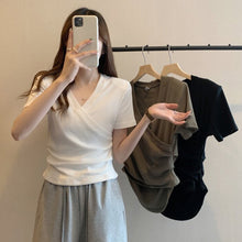 Load image into Gallery viewer, Cross V-neck Short Sleeve T-shirt Women Slim Bottoming Shirts Crop Top Summer New Fashion