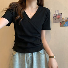 Load image into Gallery viewer, Cross V-neck Short Sleeve T-shirt Women Slim Bottoming Shirts Crop Top Summer New Fashion