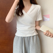 Load image into Gallery viewer, Cross V-neck Short Sleeve T-shirt Women Slim Bottoming Shirts Crop Top Summer New Fashion