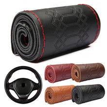 Load image into Gallery viewer, Car Steering Wheel Cover Genuine Leather DIY Hand Sewn Embossed Cowhide Steering Wheel Wrap Braid With Needle Thread 38cm