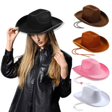 Load image into Gallery viewer, Western Cowboy Hat for Men Women Kids Outdoor Wide Brim Faux Leather Summer Wide Brim Beach Travel Cap Black White Pink