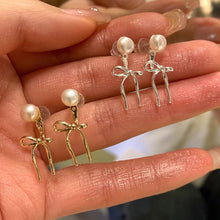 Load image into Gallery viewer, 925 Sterling Silver Bow Knot Earrings For Women White Pearl Adjustable Stud Earrings Cute Y2K Wear Ear Trendy Elegant Sweet Party Jewelry Accessories