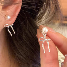 Load image into Gallery viewer, 925 Sterling Silver Bow Knot Earrings For Women White Pearl Adjustable Stud Earrings Cute Y2K Wear Ear Trendy Elegant Sweet Party Jewelry Accessories