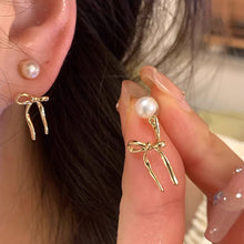 Load image into Gallery viewer, 925 Sterling Silver Bow Knot Earrings For Women White Pearl Adjustable Stud Earrings Cute Y2K Wear Ear Trendy Elegant Sweet Party Jewelry Accessories