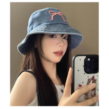 Load image into Gallery viewer, Cowboy Bucket Hat For Women Embroidery Bow Tie Fisherman Hat Fashion Outdoor Casual Cap Washed Denim Hat Travel Sunscreen Gift