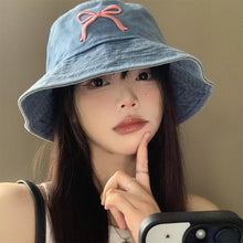 Load image into Gallery viewer, Cowboy Bucket Hat For Women Embroidery Bow Tie Fisherman Hat Fashion Outdoor Casual Cap Washed Denim Hat Travel Sunscreen Gift