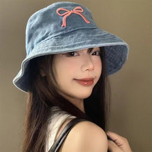 Load image into Gallery viewer, Cowboy Bucket Hat For Women Embroidery Bow Tie Fisherman Hat Fashion Outdoor Casual Cap Washed Denim Hat Travel Sunscreen Gift