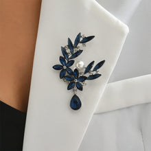 Load image into Gallery viewer, Blue Crystal Flower Brooch Elegant Pearl Brooches For Women Temperament Rhinestone Drop Pendent Pin Fashion Jewelry Accessories Gifts