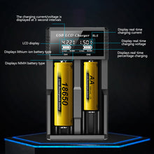 Load image into Gallery viewer, USB LCD Battery Smart Charger 1 / 2 Slots Dual For 18650 3.7V Rechargeable Lithium Battery For 1.2V NI-MH AA / AAA Battery