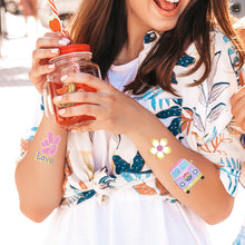 Load image into Gallery viewer, HIPPIE Peace Love Gold Powder Tattoo Stickers Hippie Party Waterproof Sweatproof Butterfly Flower Tattoo Stickers