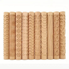 Load image into Gallery viewer, 3D Pottery Tools Wooden Texture Rolling Stick Pottery Embossed Rod Flower Pattern Relief Soft Clay Tools Hand Pressure Mud Rollers DIY Clay Craft Tool