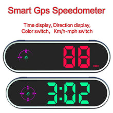 Load image into Gallery viewer, Car HUD GPS Display Digital Speedometer Time Clock Display Over-speed Alarm KMH MPH Switch Electronic Dog with Colorful LED Display
