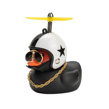 Load image into Gallery viewer, Duck Toy with Sticker Silicone Broken Wind Black Duck Propeller with Helmet Ornaments for Car Interior Bike Motor Cycling Decoration