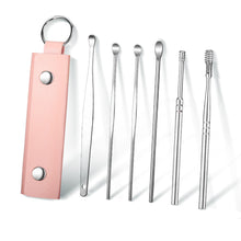 Load image into Gallery viewer, 6pcs/set Portable Keychain Leather Case Stainless Steel Ear Pick Spiral Ear Wax Removal Household Ear Cleaning Tool