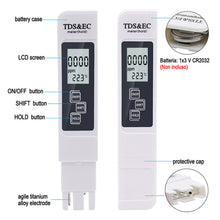Load image into Gallery viewer, 1PC White Digital Water Quality Tester TDS EC Meter Range 0 to 9990 Conductivity Water Purity Temperature TEMP PPM Tester