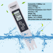 Load image into Gallery viewer, 1PC White Digital Water Quality Tester TDS EC Meter Range 0 to 9990 Conductivity Water Purity Temperature TEMP PPM Tester