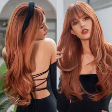 Load image into Gallery viewer, Red Brown Copper Ginger Long Wave Synthetic Wigs for Women Natural Wave Wigs with Bangs Heat Resistant Cosplay Wig Hair