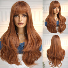 Load image into Gallery viewer, Red Brown Copper Ginger Long Wave Synthetic Wigs for Women Natural Wave Wigs with Bangs Heat Resistant Cosplay Wig Hair