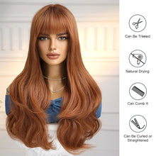Load image into Gallery viewer, Red Brown Copper Ginger Long Wave Synthetic Wigs for Women Natural Wave Wigs with Bangs Heat Resistant Cosplay Wig Hair