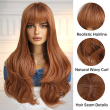 Load image into Gallery viewer, Red Brown Copper Ginger Long Wave Synthetic Wigs for Women Natural Wave Wigs with Bangs Heat Resistant Cosplay Wig Hair