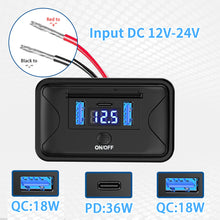 Load image into Gallery viewer, Car RV Quick Charge 3.0 PD USB 3-Ports Charger Socket Adapter 12V/24V USB Power Outlet with Swith Voltage Display for Marine Bus