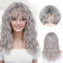 Load image into Gallery viewer, Curled Bangs Wave Wig Gray Long Wave Wig Synthetic Fiber Wig Women Wave Curly Hair Full Wig