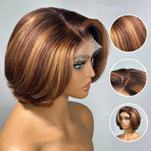 Load image into Gallery viewer, 4/27 Highlight 4x4 Body Wave Glueless Closure 100%Human Hair Frontal Wigs Ombre Brown Mix Blonde Water Wave C Part Short Bob Wig