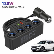 Load image into Gallery viewer, 120W 4-Socket 12V/24V Car Cigarette Lighte Adapter 4 Way Adapter Port USB Port Socket Splitte