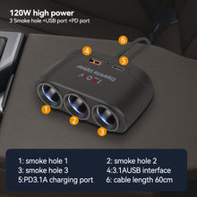 Load image into Gallery viewer, 120W Car 3 in 1 Dual USB Cigarette Socket Splitter Charger Plug for Phone Power Adapter DVR GPS Dashcam 12V 24V