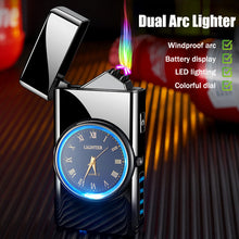 Load image into Gallery viewer, Portable Metal Dual Arc Lighter LED Display USB Rechargeable with Clock and Flashlight Flameless Lighter Outdoor Camping Men's Gifts BBQ