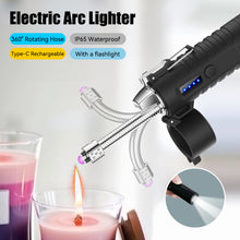Load image into Gallery viewer, 360° Rotating Hose Flashlight Electric Arc Lighter Waterproof Cigarette Lighter Retractable Type-C Rechargeable Chargering for Men Gift Outdoor Travel