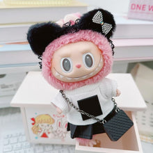 Load image into Gallery viewer, Suitable for 17cm Labubu Doll Clothes Fashion Clothing Black Cat Hair Clip with Pearl Choker Necklace Mini Cute Doll Fashion Accessories