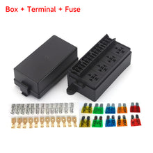 Load image into Gallery viewer, 12V Fuse Relay Box with 4 Relay Blocks 12-Way Fuse Holder Dual Pre-Wired Automotive Fuse Block with Cover for Car Truck Marine RV Boat