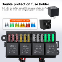 Load image into Gallery viewer, 12V Fuse Relay Box with 4 Relay Blocks 12-Way Fuse Holder Dual Pre-Wired Automotive Fuse Block with Cover for Car Truck Marine RV Boat