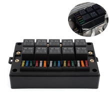 Load image into Gallery viewer, DC12V/24V 15-Way Fuse Relay Box with 10 40A Relays Fuse Block 4-Pin or 5-Pin Relays for Automotive Marine RV Boat