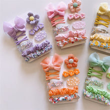 Load image into Gallery viewer, 9pcs/set Colorful Fabric Bowknot Hair Clips Hair Ties Cute Cartoon Hairpin Highly Elastic Rubber Band Headwear for Children