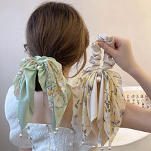 Load image into Gallery viewer, 4pcs/set Floral Bowknot Streamer Hair Band Temperamental Pearl Pendant Hair Tie Highly Elastic Rubber Band Headwear for Women