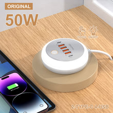 Load image into Gallery viewer, PD 50W Charger USB Type C 6 Ports QC3.0 Mobile Phone Wall Adapter With Touch LED Light For iPhone Samsung Xiaomi Travel Charger