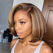 Load image into Gallery viewer, Pick Up Dyeing 13*4 Body Wave Glueless Closure Human Hair Frontal Wigs Ombre Brown Mix Blonde Water Wave C Part Short Bob Wig