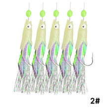 Load image into Gallery viewer, 5PCS/String Dazzling Colored Silk Luminous Fish Head String Hooks For White Strips Upturned Mouth Fish Hooks With Barbs Pins Eight-Shaped Rings