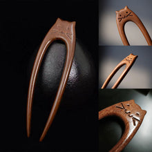Load image into Gallery viewer, Chinese Style Cat Pattern Wooden U Shaped Hair Sticks for Hanfu Hairpin Headwear Headpieces Hair Accessories