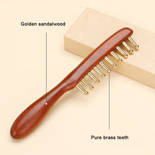 Load image into Gallery viewer, Pure Brass Long Handled Massage Comb for Scalp Head Meridian Thinning Thickening Wide Teeth Therapy Suitable for Men and Women Gold Wire Sandalwood Comb