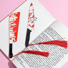 Load image into Gallery viewer, Horror Knife Clear Acrylic Bookmark with Tassel Halloween Themed Series Chopper Saw with Blood Halloween for Bookworms