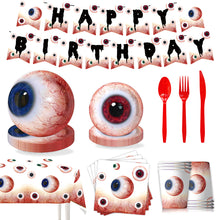Load image into Gallery viewer, Halloween Eyeball Theme Party Supplies Set Scary Disposable Tableware Kit Plates/Napkins/Banner/Tablecloth Decor All-in-One Pack