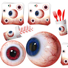 Load image into Gallery viewer, Halloween Eyeball Theme Party Supplies Set Scary Disposable Tableware Kit Plates/Napkins/Banner/Tablecloth Decor All-in-One Pack