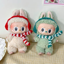 Load image into Gallery viewer, Miniature Hand-knitted Christmas Green and Red Scarf with Ear Cups for 17cm Labubu Cute DIY Doll Clothes Lovely Outfit Gifts