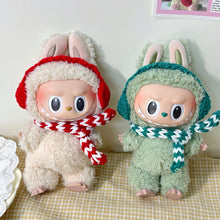 Load image into Gallery viewer, Miniature Hand-knitted Christmas Green and Red Scarf with Ear Cups for 17cm Labubu Cute DIY Doll Clothes Lovely Outfit Gifts