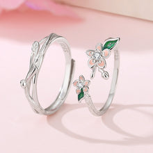 Load image into Gallery viewer, Unique Enamel Floral Couple Rings S925 Sterling Silver Peach Blossom Adjustable Matching Rings with Gift Box