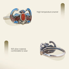 Load image into Gallery viewer, Antique Chinese Enamel Ring Adjustable Vintage S925 Silver Red Agate Bat Design with Gift Box Certificate Packaging